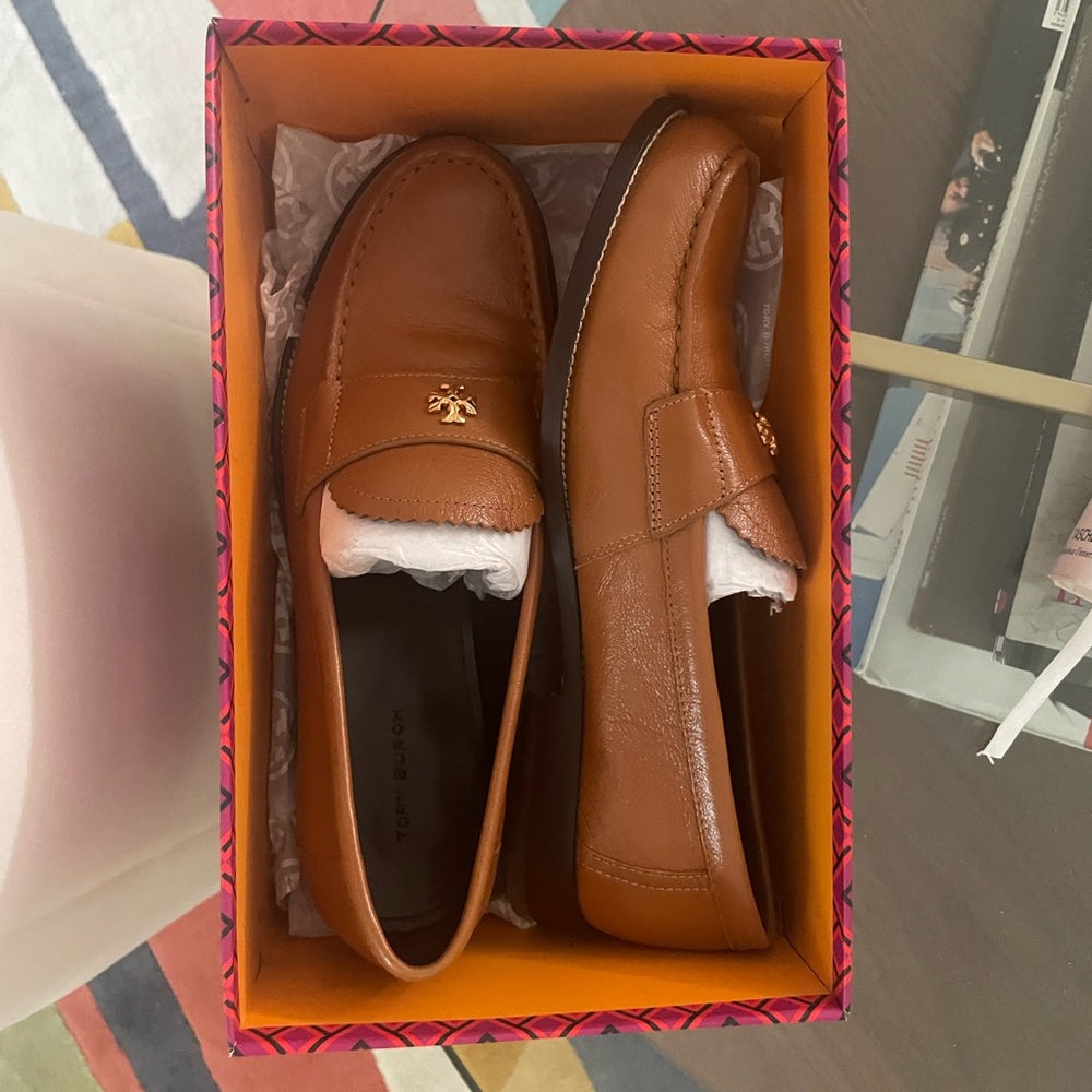 Tory Burch Tan Leather Loafers with Pink and Orange Patterned Box